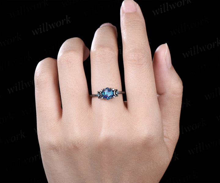 Hexagon Cut Alexandrite Art Deco Moon Engagement Ring & Matching Alexandrite Solitaire Wedding Ring Black Gold Unique Couple Ring Set