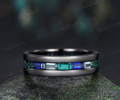 Unique baguette cut emerald sapphire alexandrite men ring black gold half eternity mens wedding band anniversary gifts