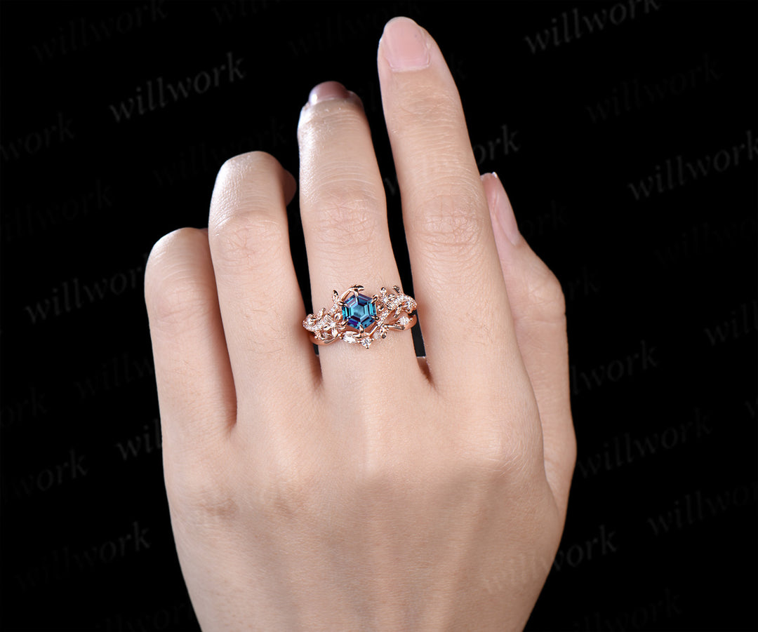 Hexagon alexandrite engagement ring set 6 prongs flowers twig leaf ring curved diamond matching band nature inspired bridal set