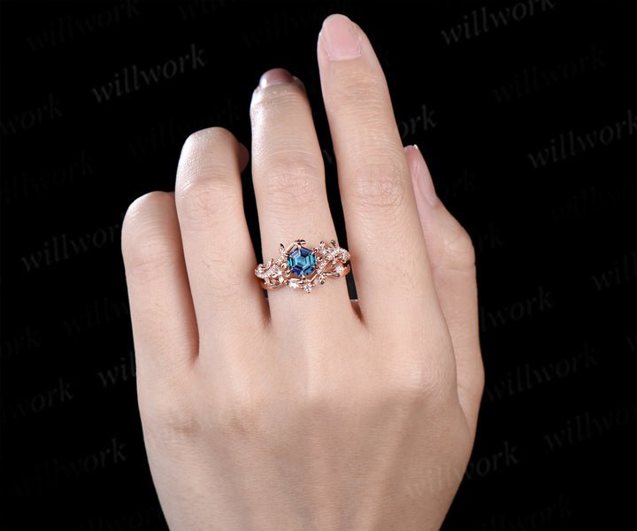 Hexagon alexandrite engagement ring set 6 prongs flowers twig leaf ring curved diamond matching band nature inspired bridal set