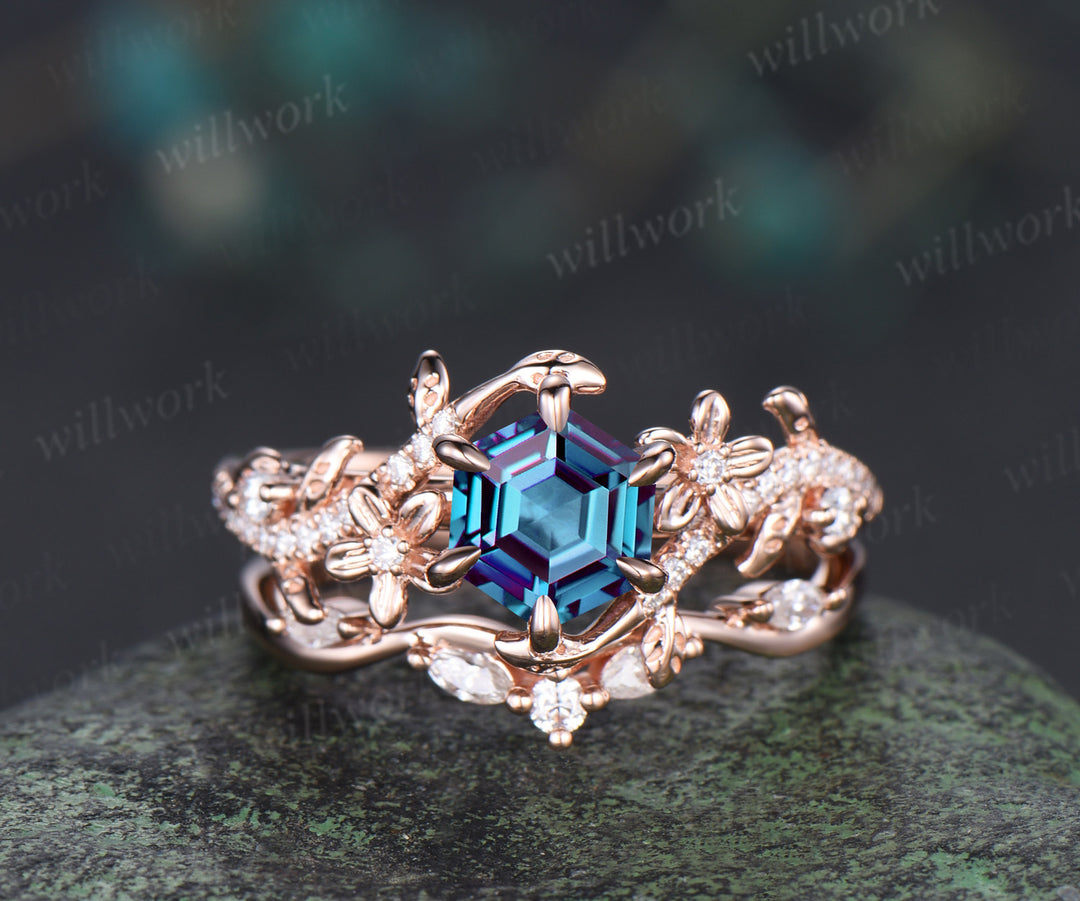 Hexagon alexandrite engagement ring set 6 prongs flowers twig leaf ring curved diamond matching band nature inspired bridal set