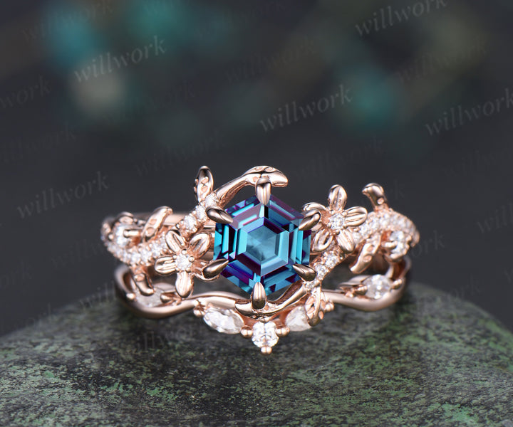 Hexagon alexandrite engagement ring set 6 prongs flowers twig leaf ring curved diamond matching band nature inspired bridal set