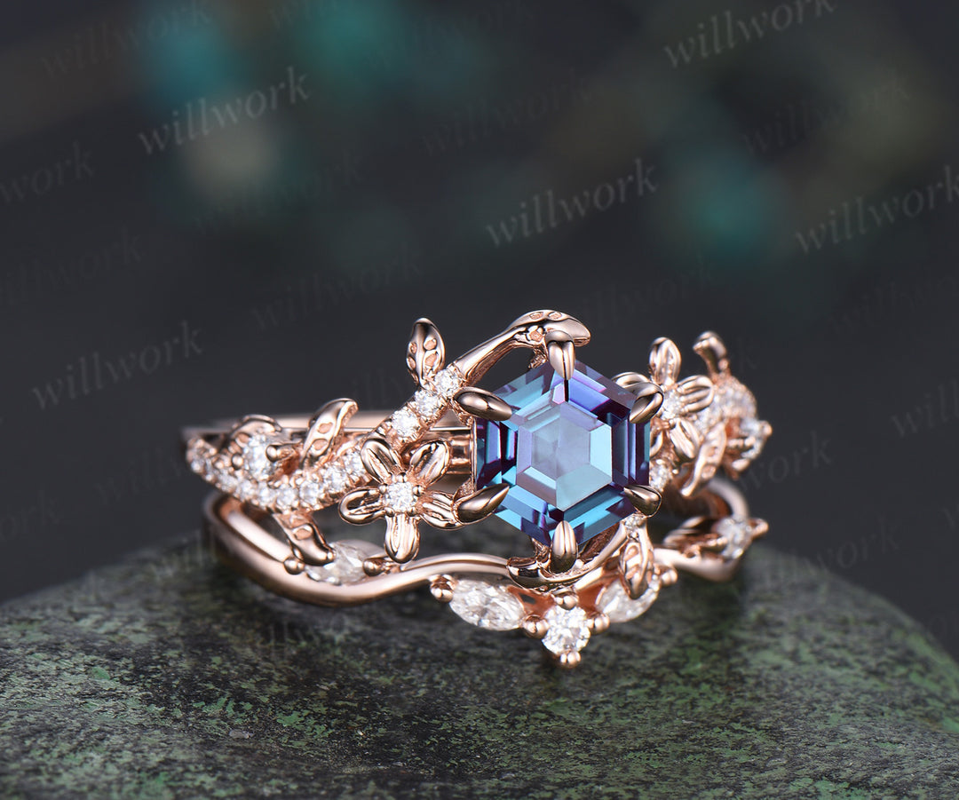 Hexagon alexandrite engagement ring set 6 prongs flowers twig leaf ring curved diamond matching band nature inspired bridal set