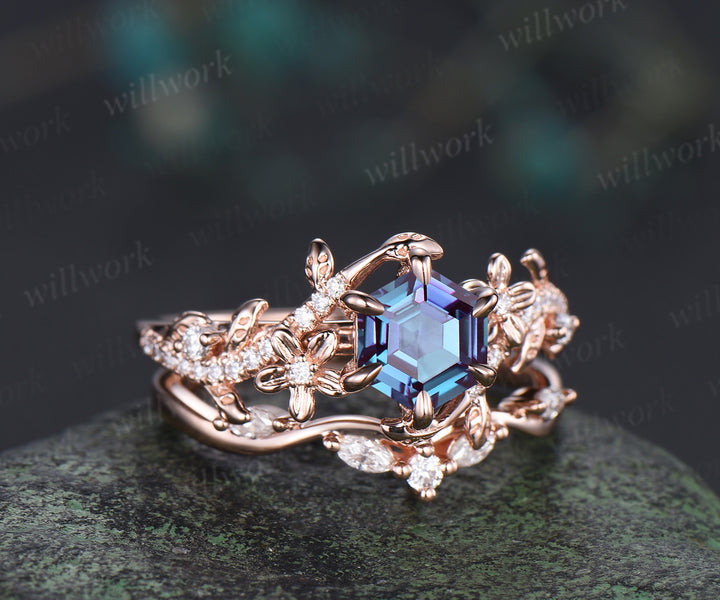 Hexagon alexandrite engagement ring set 6 prongs flowers twig leaf ring curved diamond matching band nature inspired bridal set