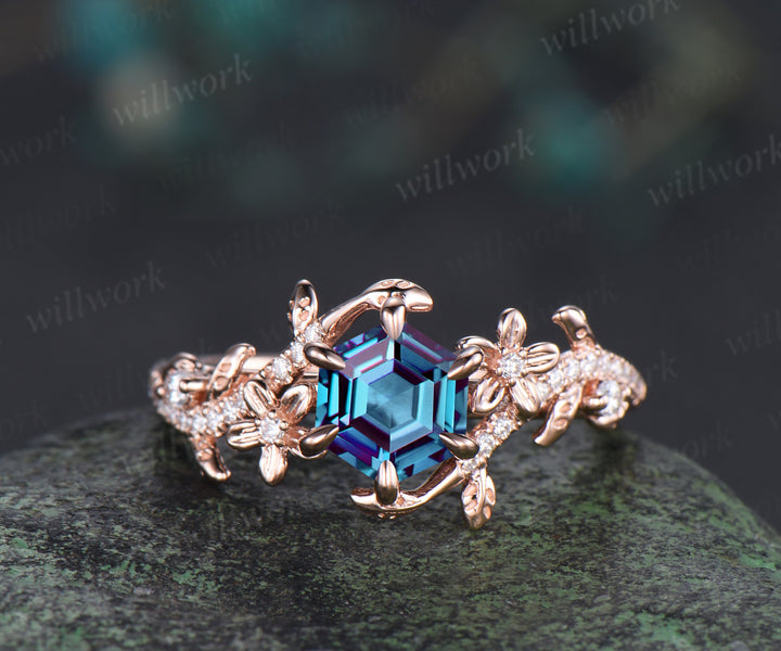 Hexagon alexandrite engagement ring set 6 prongs flowers twig leaf ring curved diamond matching band nature inspired bridal set