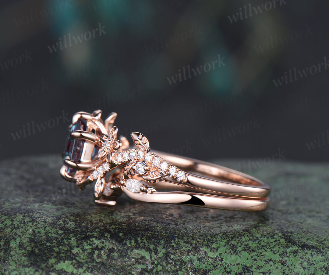 Hexagon alexandrite engagement ring set 6 prongs flowers twig leaf ring curved diamond matching band nature inspired bridal set