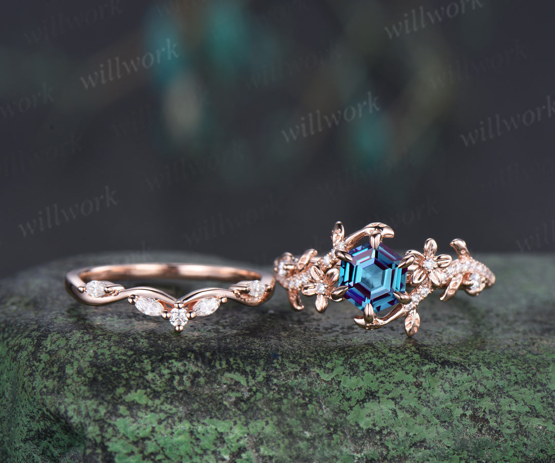 Hexagon alexandrite engagement ring set 6 prongs flowers twig leaf ring curved diamond matching band nature inspired bridal set