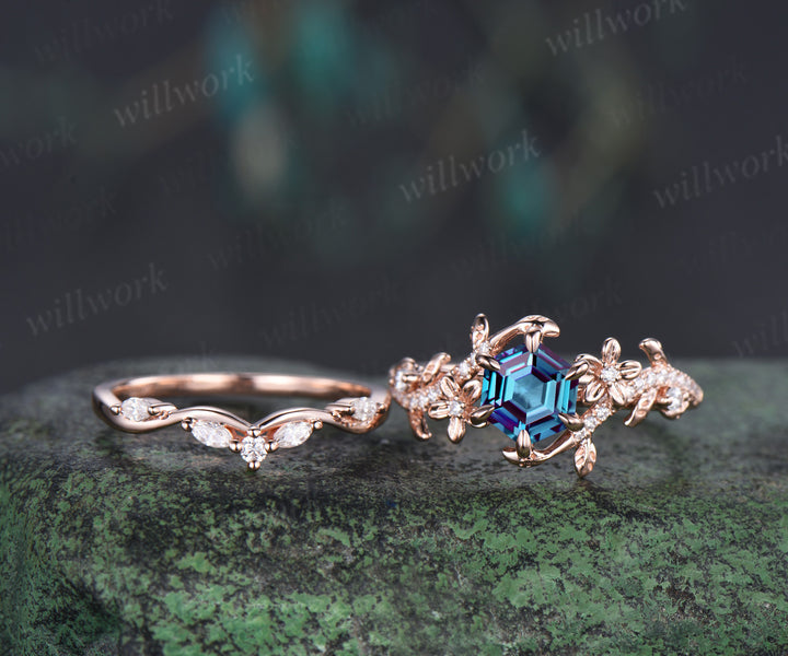 Hexagon alexandrite engagement ring set 6 prongs flowers twig leaf ring curved diamond matching band nature inspired bridal set