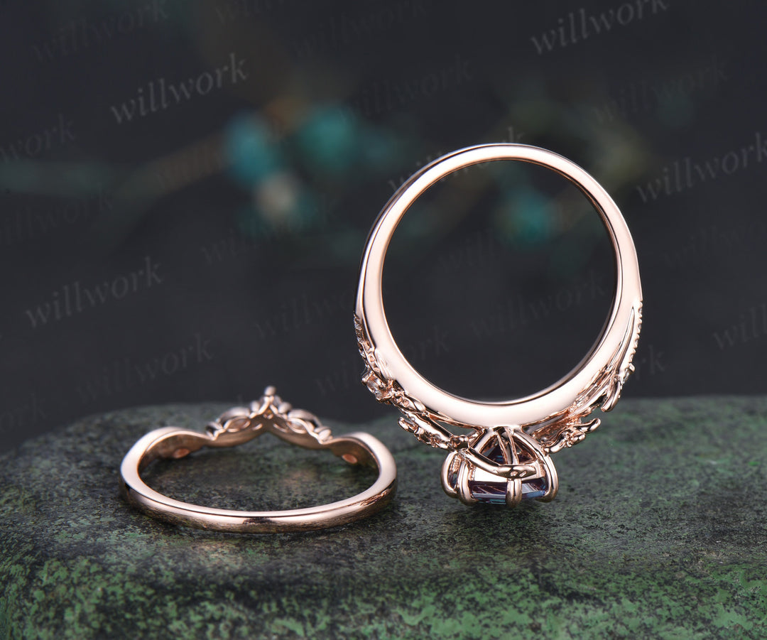 Hexagon alexandrite engagement ring set 6 prongs flowers twig leaf ring curved diamond matching band nature inspired bridal set