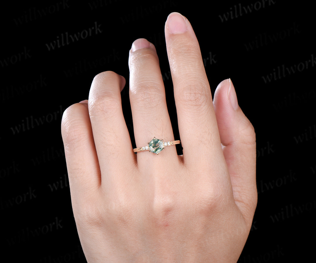 Hexagon cut moss agate engagement ring solid yellow gold moss agate five stone ring six prongs milgrain diamond wedding ring for women