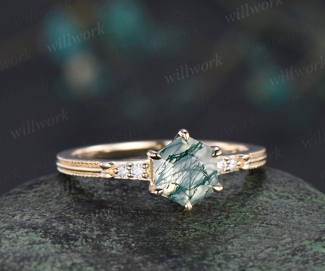 Hexagon cut moss agate engagement ring solid yellow gold moss agate five stone ring six prongs milgrain diamond wedding ring for women
