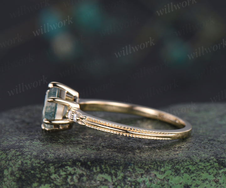 Hexagon cut moss agate engagement ring solid yellow gold moss agate five stone ring six prongs milgrain diamond wedding ring for women