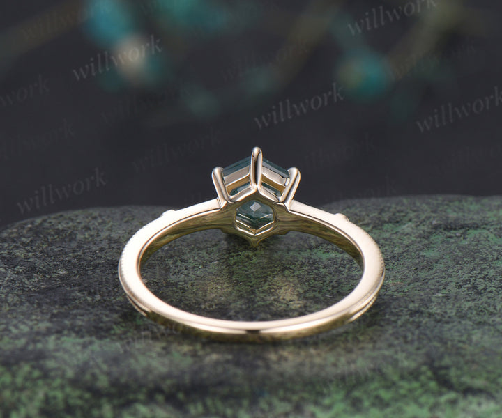 Hexagon cut moss agate engagement ring solid yellow gold moss agate five stone ring six prongs milgrain diamond wedding ring for women
