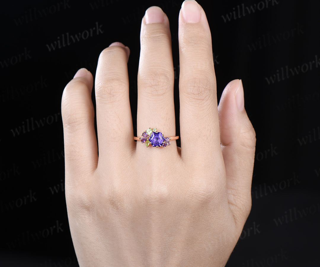 Hexagon cut purple sapphire engagement ring cluster peridot amethyst bridal ring jewelry gifts