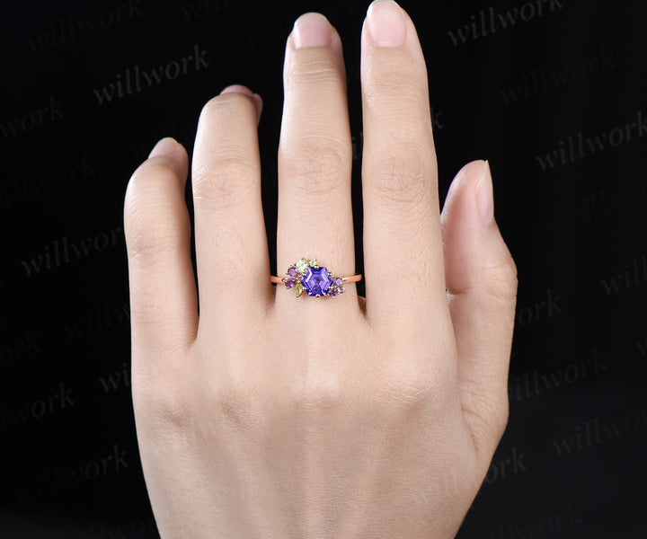Hexagon cut purple sapphire engagement ring cluster peridot amethyst bridal ring jewelry gifts