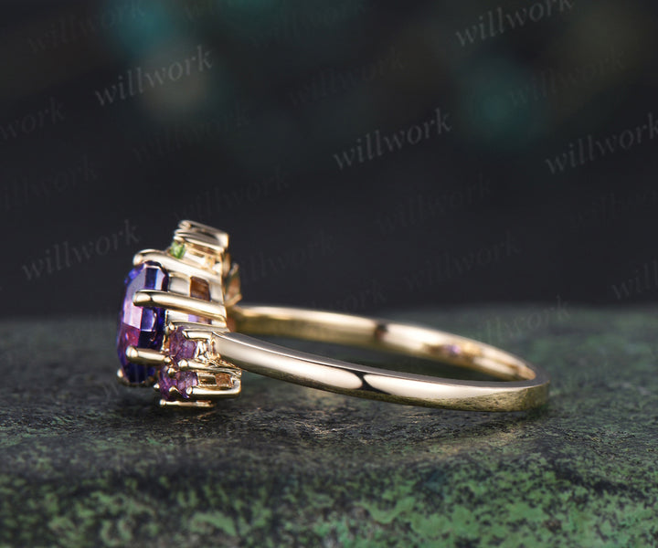 Hexagon cut purple sapphire engagement ring cluster peridot amethyst bridal ring jewelry gifts