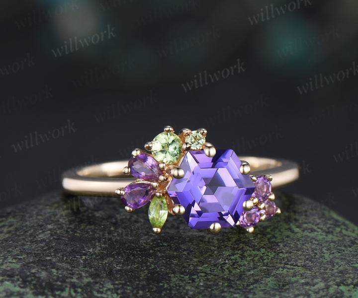 Hexagon cut purple sapphire engagement ring cluster peridot amethyst bridal ring jewelry gifts