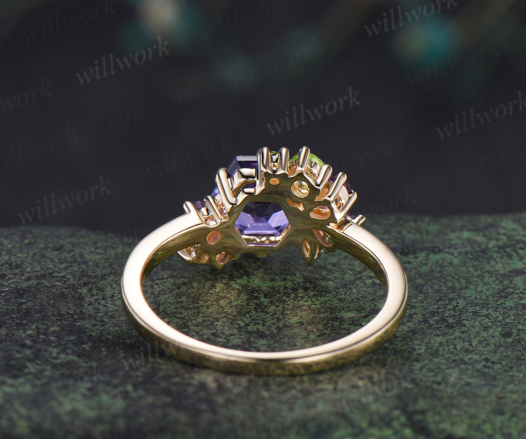 Hexagon cut purple sapphire engagement ring cluster peridot amethyst bridal ring jewelry gifts