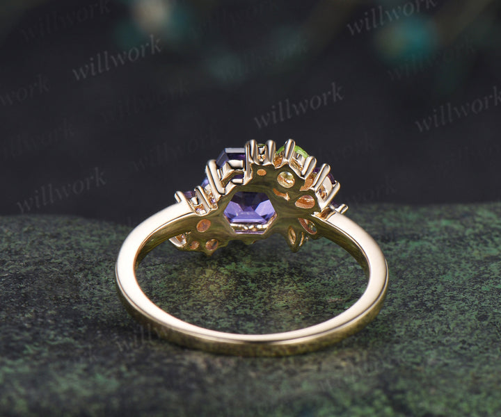 Hexagon cut purple sapphire engagement ring cluster peridot amethyst bridal ring jewelry gifts