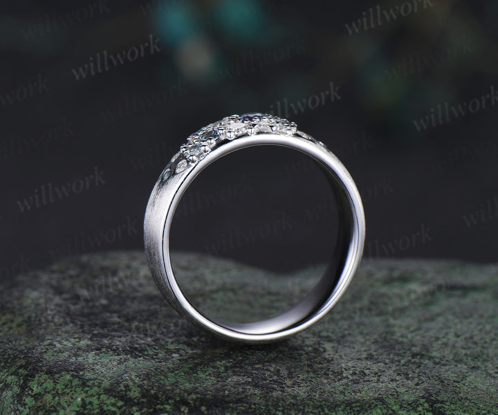 Alexandrite moissanite cluster men's wedding band unique brushed solid 14k white gold 6mm engagement ring for men anniversary gifts