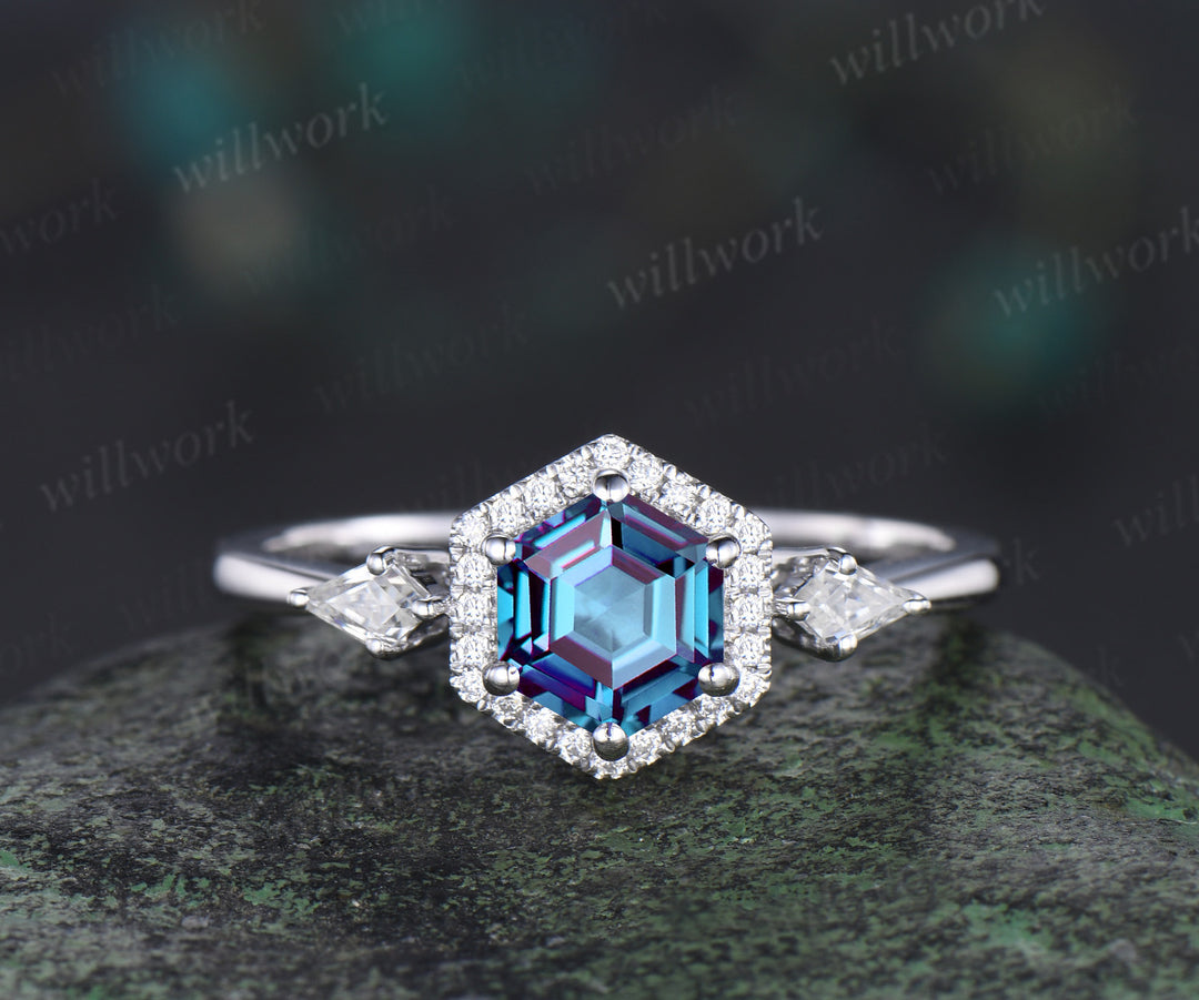 Hexagon cut alexandrite & moissanite halo ring unique kite moissanite engagement ring June birthstone wedding gift for her