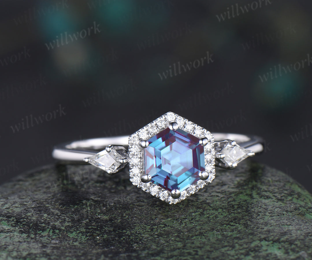 Hexagon cut alexandrite & moissanite halo ring unique kite moissanite engagement ring June birthstone wedding gift for her