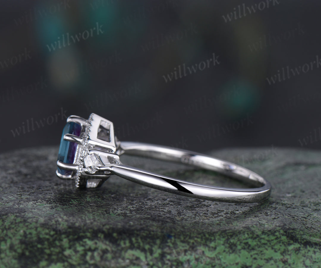 Hexagon cut alexandrite & moissanite halo ring unique kite moissanite engagement ring June birthstone wedding gift for her