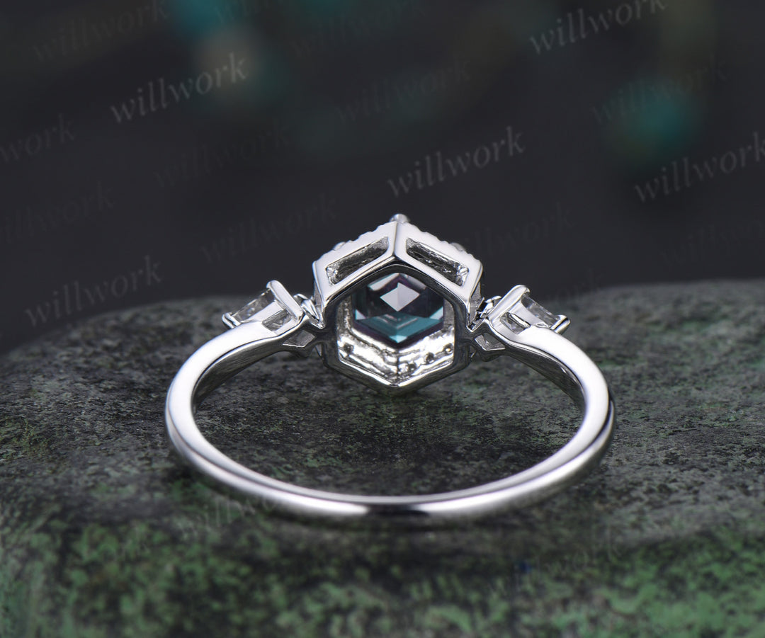 Hexagon cut alexandrite & moissanite halo ring unique kite moissanite engagement ring June birthstone wedding gift for her