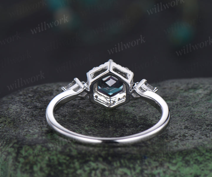 Hexagon cut alexandrite & moissanite halo ring unique kite moissanite engagement ring June birthstone wedding gift for her