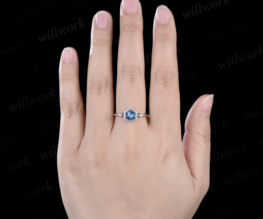 Hexagon cut alexandrite & moissanite halo ring unique kite moissanite engagement ring June birthstone wedding gift for her