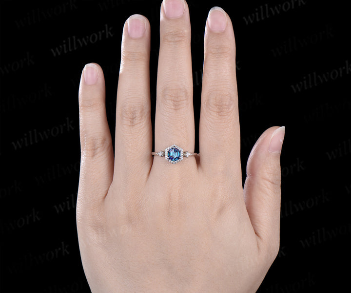 Hexagon cut alexandrite & moissanite halo ring unique kite moissanite engagement ring June birthstone wedding gift for her