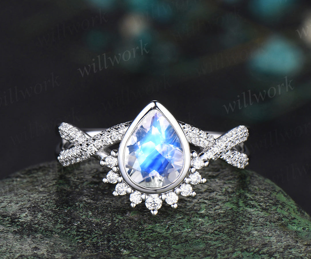 Pear moonstone bezel infinity ring set moonstone diamond engagement ring curved V opal wedding band vintage bridal set