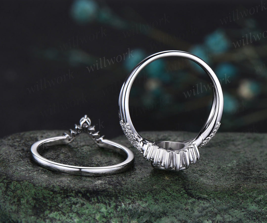 Pear moonstone bezel infinity ring set moonstone diamond engagement ring curved V opal wedding band vintage bridal set