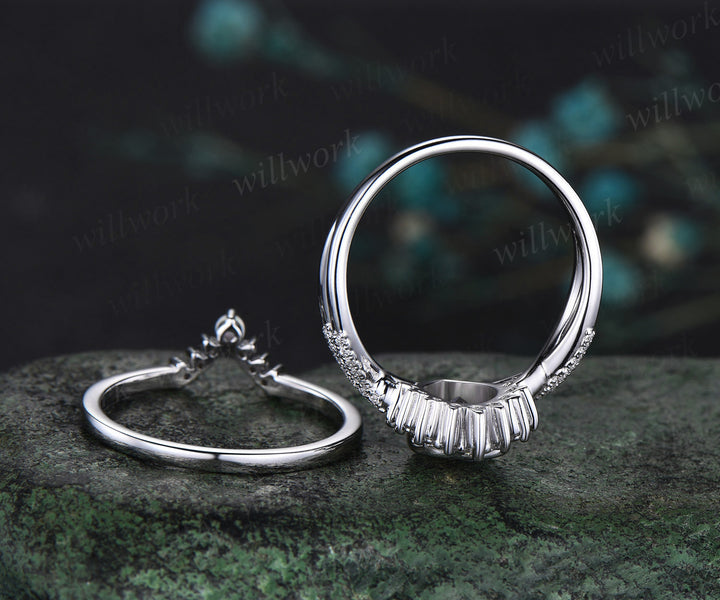 Pear moonstone bezel infinity ring set moonstone diamond engagement ring curved V opal wedding band vintage bridal set