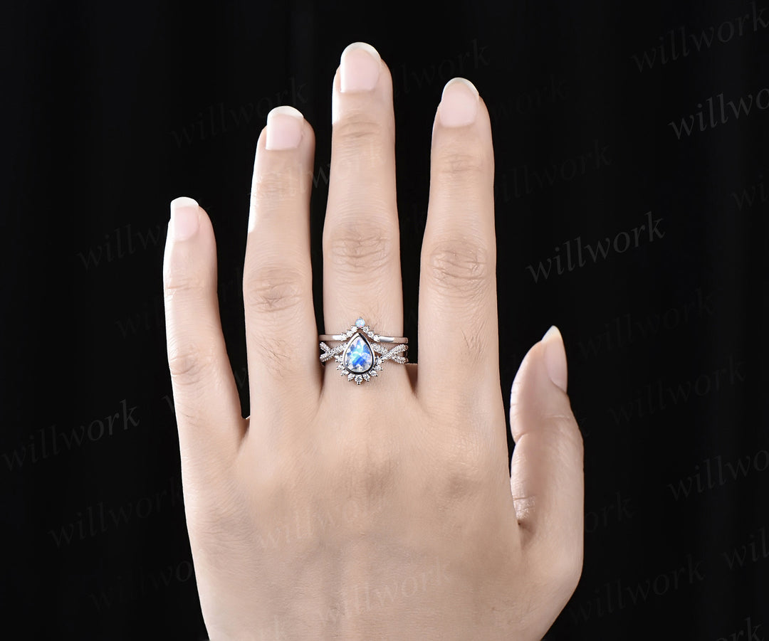 Pear moonstone bezel infinity ring set moonstone diamond engagement ring curved V opal wedding band vintage bridal set
