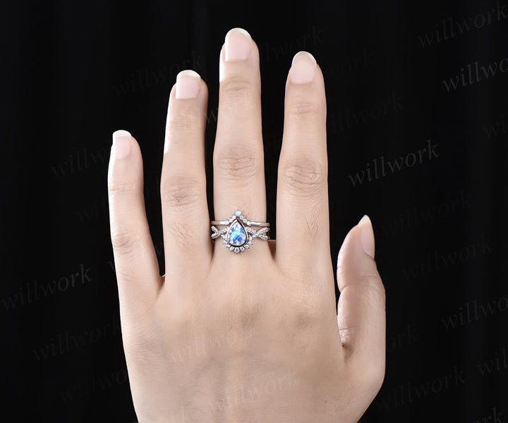 Pear moonstone bezel infinity ring set moonstone diamond engagement ring curved V opal wedding band vintage bridal set