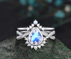 Pear moonstone bezel infinity ring set moonstone diamond engagement ring curved V opal wedding band vintage bridal set