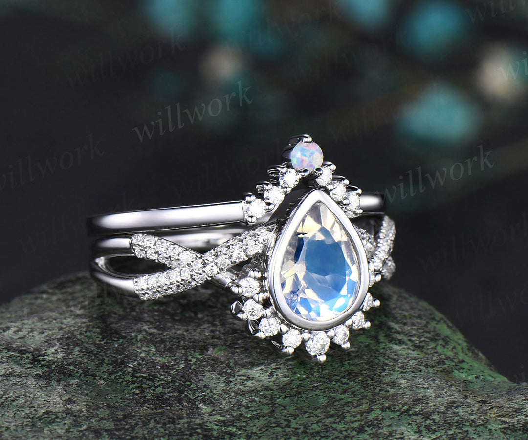 Pear moonstone bezel infinity ring set moonstone diamond engagement ring curved V opal wedding band vintage bridal set
