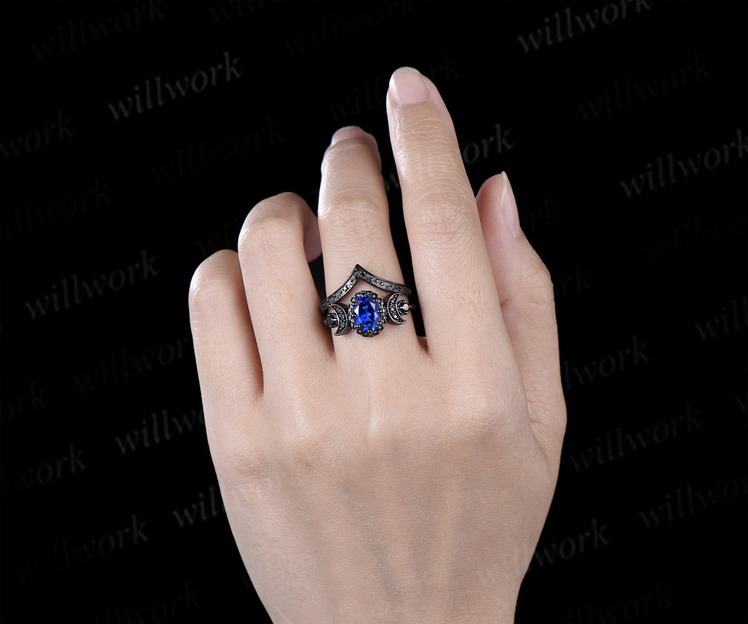 Black gold oval sapphire moon stars engagement ring set crescent black spinel ring curved engraved stars wedding band unique bridal set