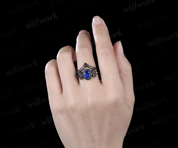 Black gold oval sapphire moon stars engagement ring set crescent black spinel ring curved engraved stars wedding band unique bridal set