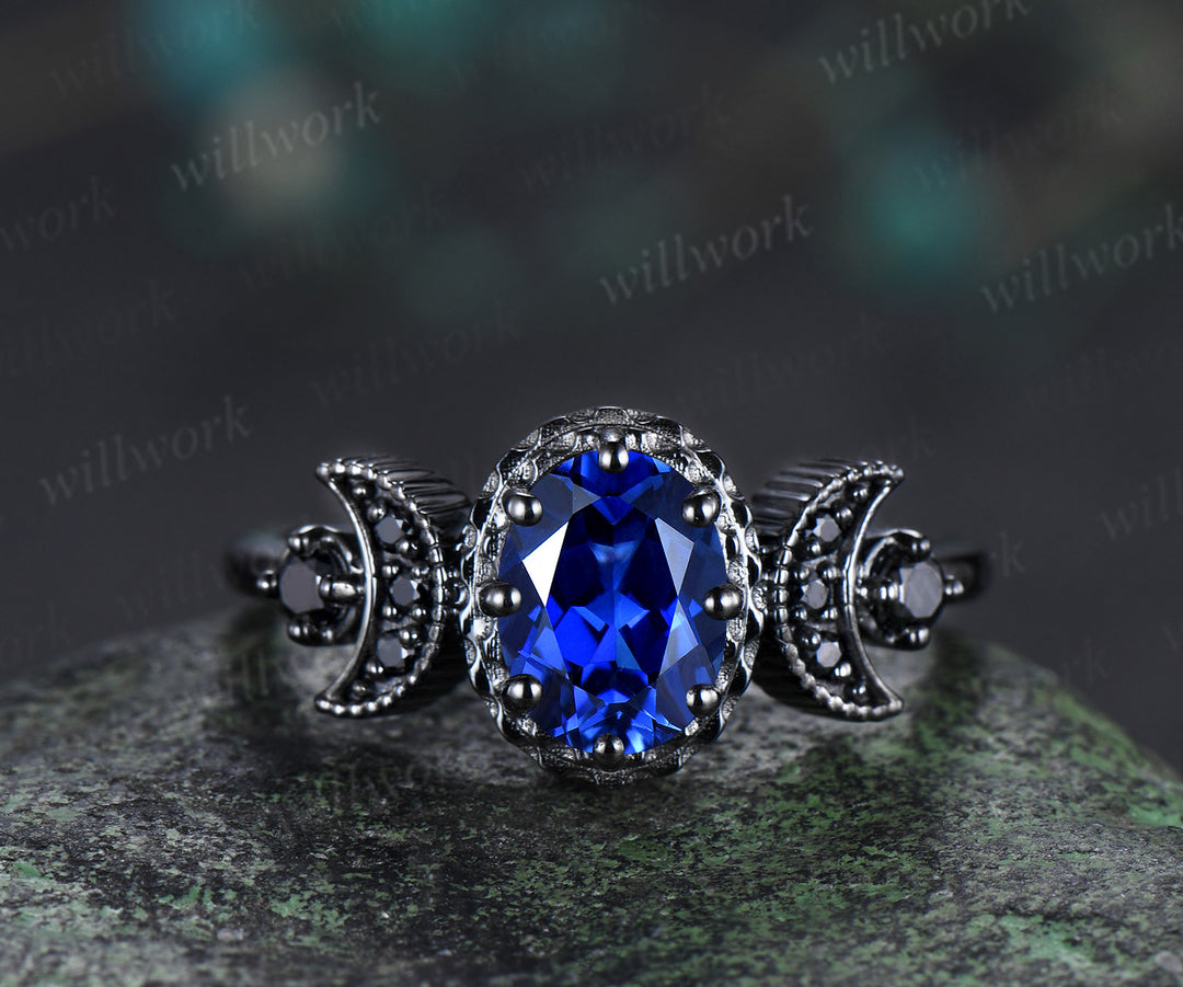 Black gold oval sapphire moon stars engagement ring set crescent black spinel ring curved engraved stars wedding band unique bridal set