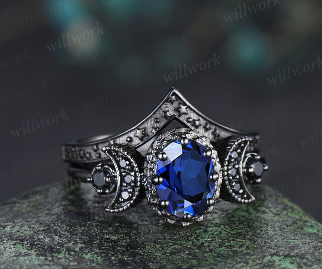 Black gold oval sapphire moon stars engagement ring set crescent black spinel ring curved engraved stars wedding band unique bridal set