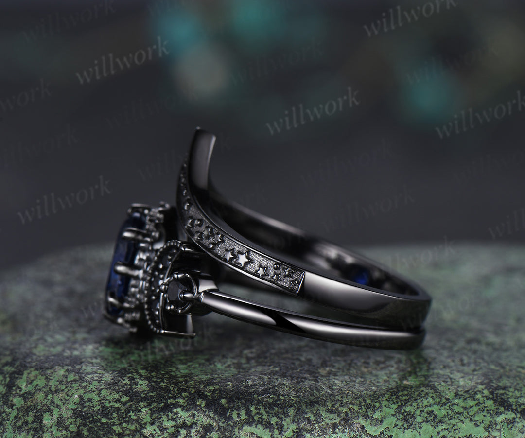 Black gold oval sapphire moon stars engagement ring set crescent black spinel ring curved engraved stars wedding band unique bridal set