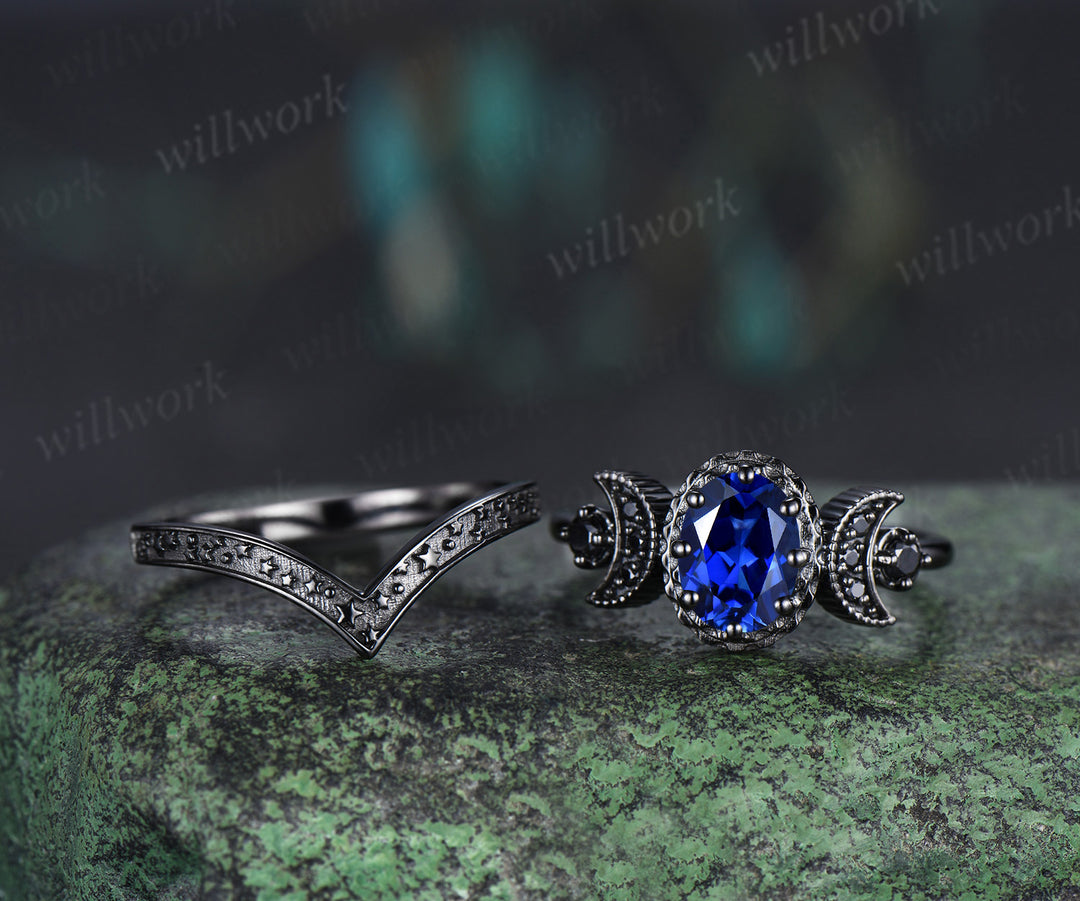 Black gold oval sapphire moon stars engagement ring set crescent black spinel ring curved engraved stars wedding band unique bridal set