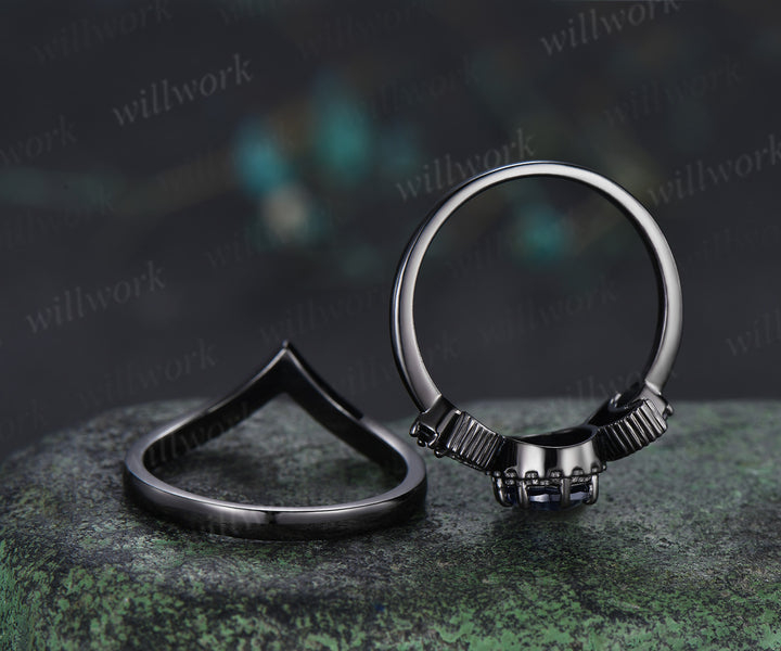 Black gold oval sapphire moon stars engagement ring set crescent black spinel ring curved engraved stars wedding band unique bridal set