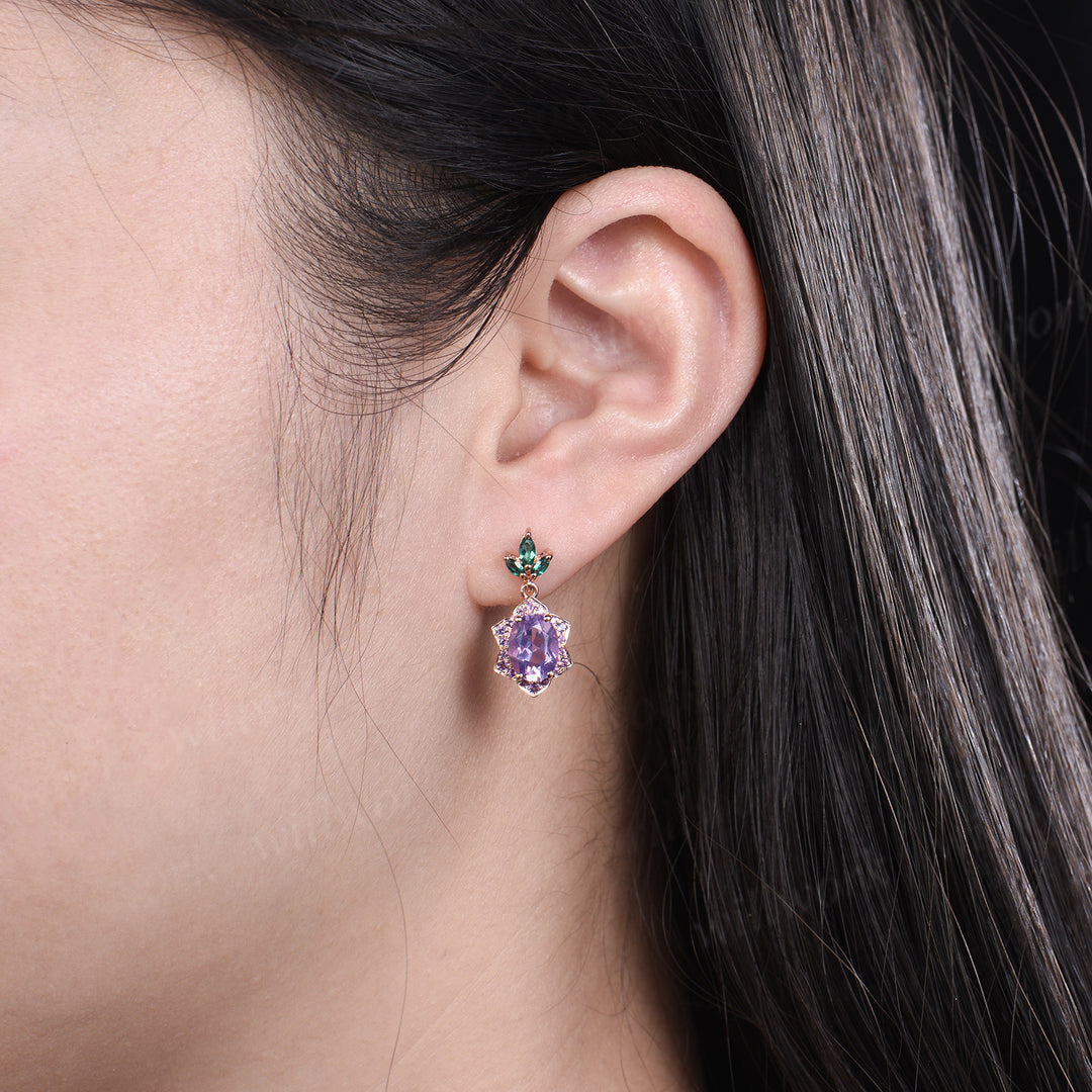 Unique oval lavender amethyst earrings floral halo amethyst art deco marquise emeralds drop earrings solid 14k rose gold piercing earrings gifts for her
