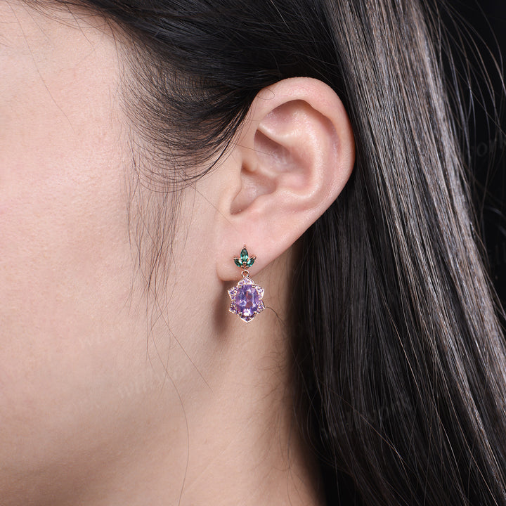 Unique oval lavender amethyst earrings floral halo amethyst art deco marquise emeralds drop earrings solid 14k rose gold piercing earrings gifts for her