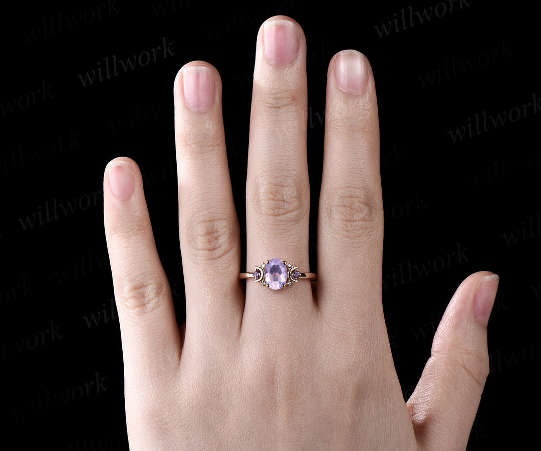 Oval lavender amethyst engagement ring retro moon amethyst moissanite deco ring 14k yellow gold unique crescent promise ring gifts for her