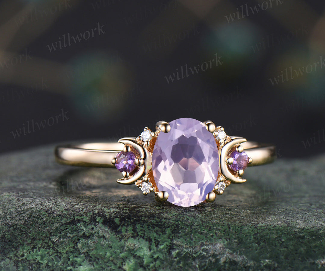 Oval lavender amethyst engagement ring retro moon amethyst moissanite deco ring 14k yellow gold unique crescent promise ring gifts for her