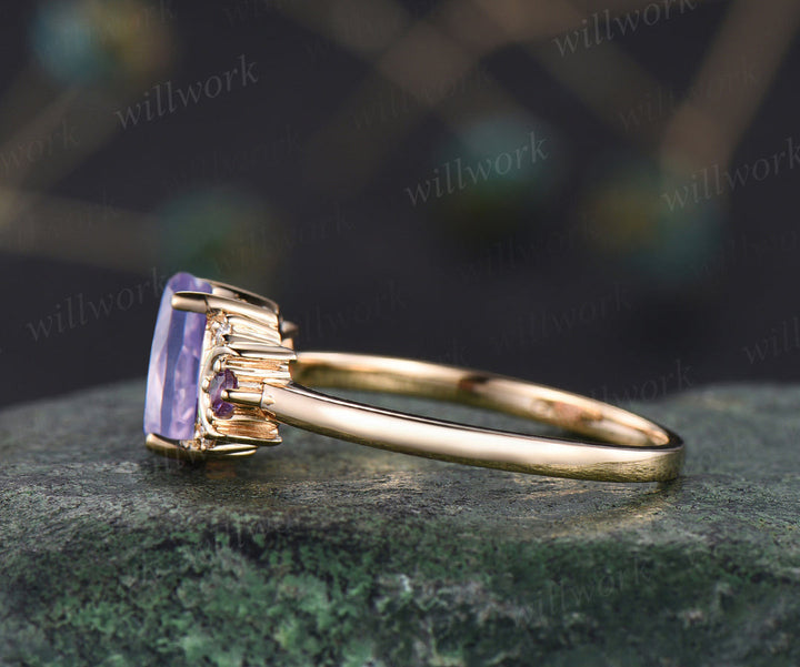 Oval lavender amethyst engagement ring retro moon amethyst moissanite deco ring 14k yellow gold unique crescent promise ring gifts for her